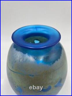 VTG Signed Aurene Iridescent Swirls Blue Luster Art Glass 6.5 Vase Eickholt