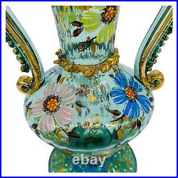 VTG Spanish Moser Blown Glass 13 Amphora Vase Boho Enameled Gold Rigaree Signed