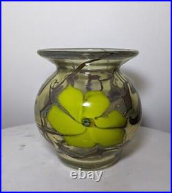 Vandermark Studio Signed Art Glass Vase Yellow Flowers Vines Iridescent UV Glow