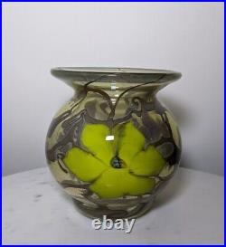 Vandermark Studio Signed Art Glass Vase Yellow Flowers Vines Iridescent UV Glow