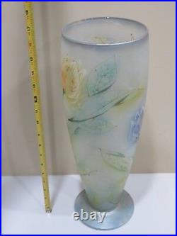 Vintage 16.5 inches large art glass vase with enamel flowers, Signed