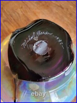 Vintage 1982 Signed Michael Shearer Blown Glass Vase Art Deco Style Purple Blue