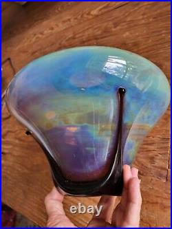 Vintage 1982 Signed Michael Shearer Blown Glass Vase Art Deco Style Purple Blue