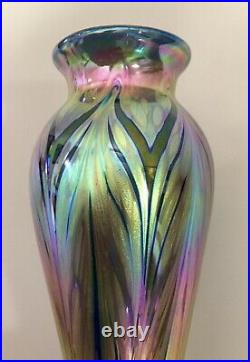 Vintage 1990 Signed Kent Fiske Art Glass Vase Pulled Feather Purple Green & Gold