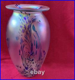 Vintage 1991 Eickholt Peacock Iridescent Art Glass Vase Signed 9