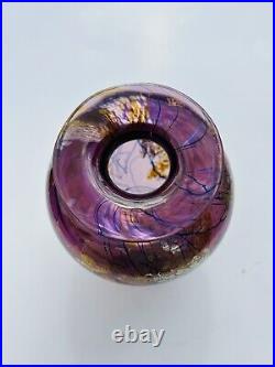 Vintage 1991 Tim Lazer Purple Gold Leaf Dichroic Glass Elements Cut Vase Signed