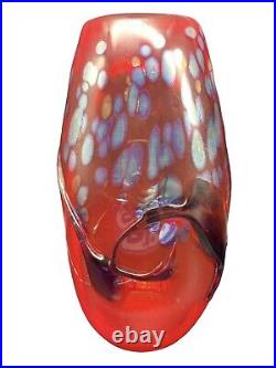 Vintage 1998 Red Art Glass Iridescent with Applied Decoration 8 Vase Signed