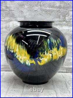 Vintage Art Glass Vase Large Colorful Drip Designs Signed On Bottom
