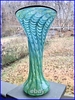 Vintage Art Nouveau Style Pulled Feather Art Glass Trumpet Vase Signed 10 Tall