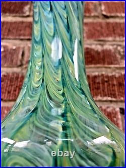 Vintage Art Nouveau Style Pulled Feather Art Glass Trumpet Vase Signed 10 Tall