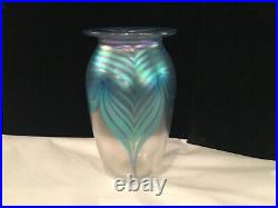 Vintage Authentic Sign 1989 Robert Eickholt Irridcent Feather Art Glass Vase Nr