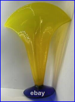 Vintage Blenko Handblown Glass Fan Vase Yellow Blue Signed Richard Blenko 12.5