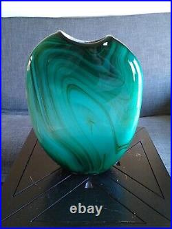 Vintage Dan Bergsma Studio Art Glass Green/Turquoise Vase 14 Tall Artist Signed