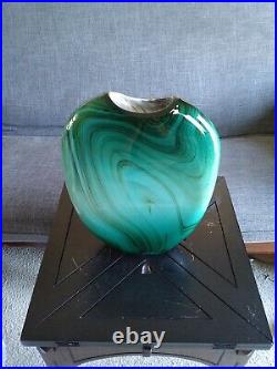 Vintage Dan Bergsma Studio Art Glass Green/Turquoise Vase 14 Tall Artist Signed