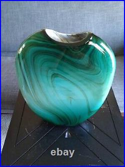 Vintage Dan Bergsma Studio Art Glass Green/Turquoise Vase 14 Tall Artist Signed