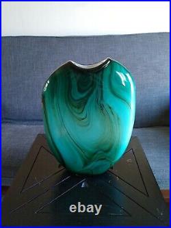 Vintage Dan Bergsma Studio Art Glass Green/Turquoise Vase 14 Tall Artist Signed