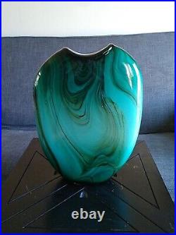 Vintage Dan Bergsma Studio Art Glass Green/Turquoise Vase 14 Tall Artist Signed