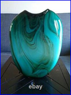 Vintage Dan Bergsma Studio Art Glass Green/Turquoise Vase 14 Tall Artist Signed