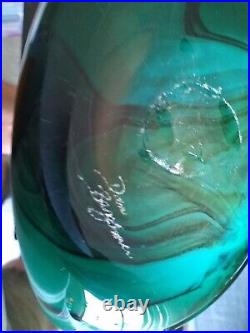 Vintage Dan Bergsma Studio Art Glass Green/Turquoise Vase 14 Tall Artist Signed