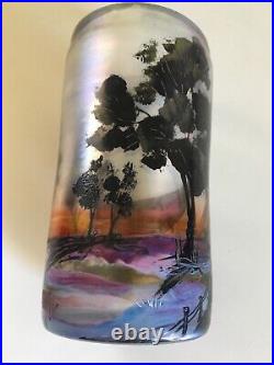 Vintage Erwin Eisch Iridescent Hand Painted Scenic Art Glass Vase Germany