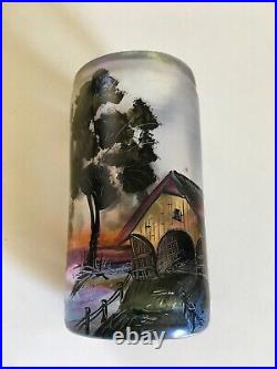 Vintage Erwin Eisch Iridescent Hand Painted Scenic Art Glass Vase Germany