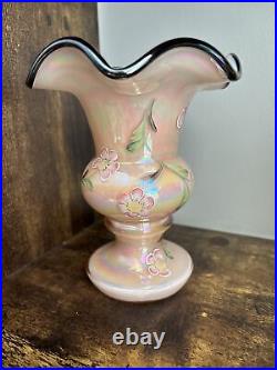 Vintage Fenton Art Glass Sunset Overlay Vase Handpainted Signed 6.5
