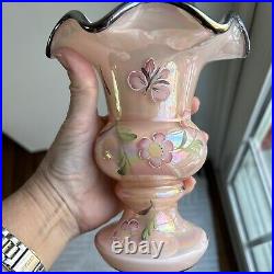 Vintage Fenton Art Glass Sunset Overlay Vase Handpainted Signed 6.5