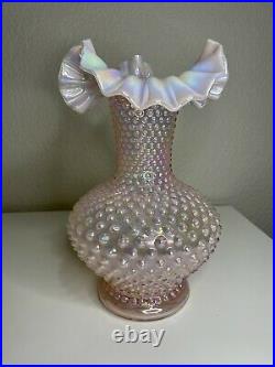 Vintage Fenton Glass Pink Opalescent Hobnail Large Ruffled Crimped Vase 10.5