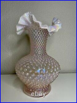 Vintage Fenton Glass Pink Opalescent Hobnail Large Ruffled Crimped Vase 10.5