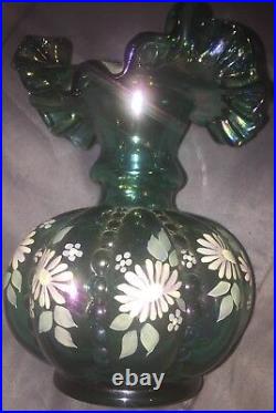 Vintage Fenton Green Carnival Glass Melon Vase Signed By Frank Fenton