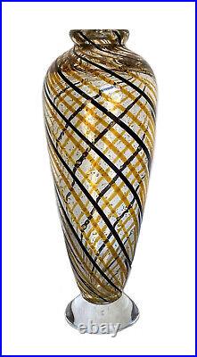 Vintage Hand Blown Striped/Plaid Cane Art Glass Vase, Signed David Keens