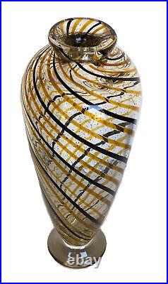 Vintage Hand Blown Striped/Plaid Cane Art Glass Vase, Signed David Keens