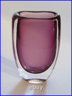 Vintage Kosta Sommerso Purple & Clear Glass Vase Signed Swedish
