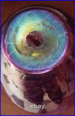 Vintage Larson Hand Blown 8.5 Purple Iridescent Art Glass Vase Signed