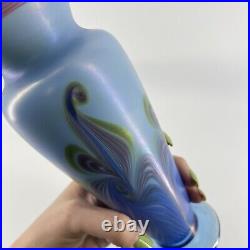 Vintage Liberty Village Art Glass Pulled Feather Iridescent Signed Vase