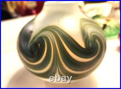 Vintage MARK PEISER Opal Glass with Green Pulled Feather Vase SIGNED
