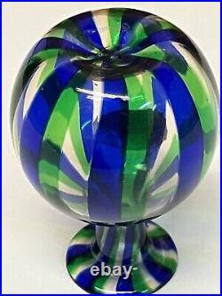 Vintage Murano Signed Small Glass Vase Blue Green Stripes MCM 3 1/2 T 2 1/2 W