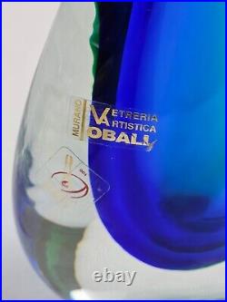 Vintage Murano Vetreria Artistica OBALL Vase Signed Blue Green Fish Tail 10.5