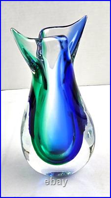 Vintage Murano Vetreria Artistica OBALL Vase Signed Blue Green Fish Tail 10.5