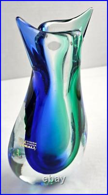 Vintage Murano Vetreria Artistica OBALL Vase Signed Blue Green Fish Tail 10.5