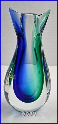 Vintage Murano Vetreria Artistica OBALL Vase Signed Blue Green Fish Tail 10.5