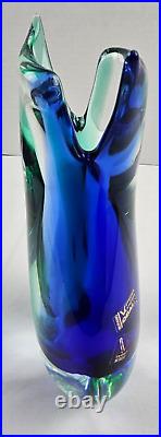 Vintage Murano Vetreria Artistica OBALL Vase Signed Blue Green Fish Tail 10.5