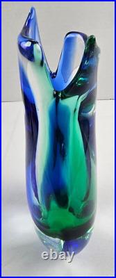 Vintage Murano Vetreria Artistica OBALL Vase Signed Blue Green Fish Tail 10.5