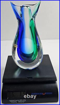 Vintage Murano Vetreria Artistica OBALL Vase Signed Blue Green Fish Tail 10.5