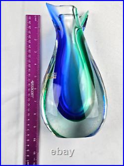 Vintage Murano Vetreria Artistica OBALL Vase Signed Blue Green Fish Tail 10.5