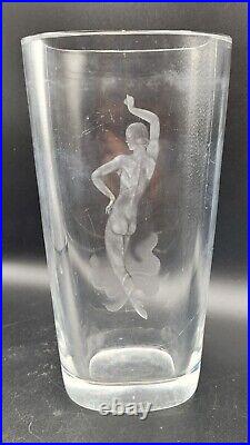 Vintage Orrefors Clear Glass Vase Vicke Lindstrand Signed Etched Art Deco Dancer