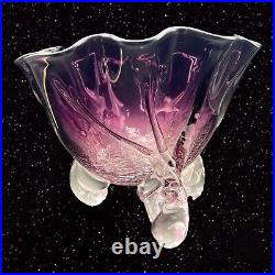 Vintage Polish Art Glass Centerpiece Bowl Vase Crackle Purple Clear Signed Glass