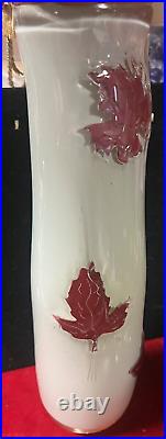 Vintage Ruby Red Maple Leaf White Glass Hand Blown Vase Signed Sue Mein