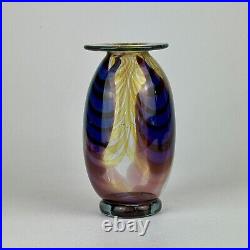 Vintage Signed Hand Blown Clear Art Glass Vase Circa 1977 In Blue & Yellow
