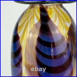 Vintage Signed Hand Blown Clear Art Glass Vase Circa 1977 In Blue & Yellow